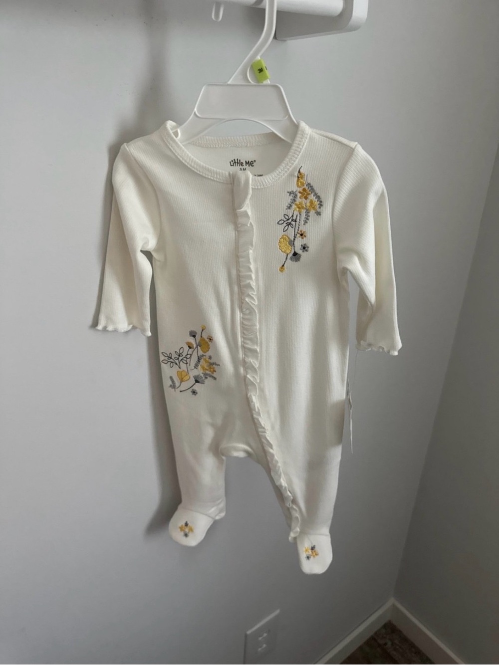 Little Me Cream One-Piece Footie with Yellow & Gray Floral Embroidery